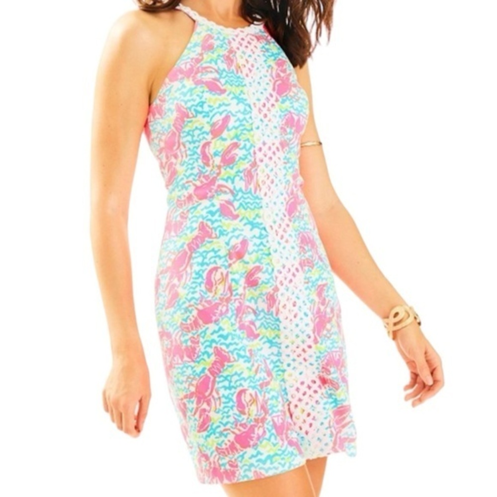 Lilly Pulitzer Pearl Shift Dress Pink Lobster Print Sleeveless Women's Size 0